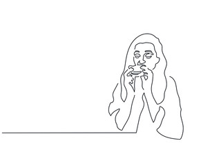 Woman eating isolated line drawing, illustration design. Food collection.