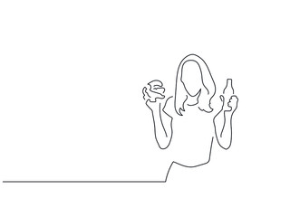 Woman eating isolated line drawing, illustration design. Food collection.