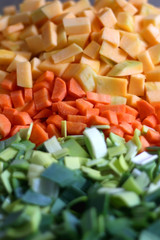 Chopped leek, carrot and squash. Selective focus.