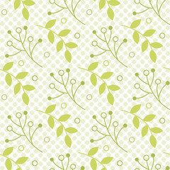 Floral seamless pattern. Leaf, branch, circle template. Leaves, geometric pattern on white background. Vector illustration. Green monochrome repeating texture. Modern ornament. Design paper, wallpaper