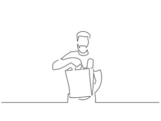Man shopping in the market isolated line drawing, vector illustration design. Food collection.