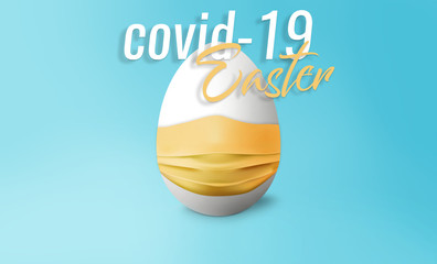 White easter egg with mask on blue backgroung