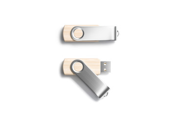 Fototapeta premium Blank wood opened and closed usb stick silver cap mockup
