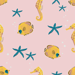Cute yellow pink pattern with seahorses, fish and starfish. Seamless marine pattern. modern flat vector illustration © muffin illustration