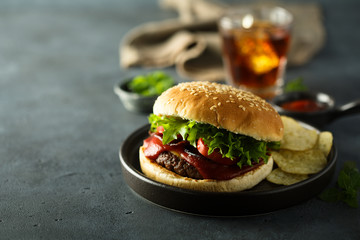 Homemade beef burger with chips