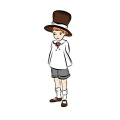 Boy in top hat standing alone isolated on white background. Happy childhood. 