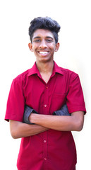 Portrait of a young mechanic in uniform with cross arms and smiling