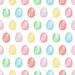 Hand drawn seamless pattern of many different colors eggs with lines, circles, flowers, glare. Colorful spring doodle illustration for Easter, greeting card, invitation, wallpaper, wrapping paper