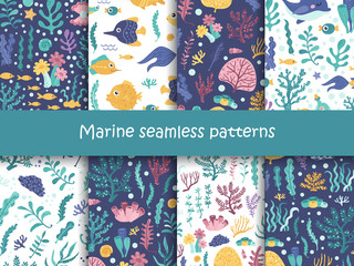 Set of seamless patterns with seaweed and sea animals.