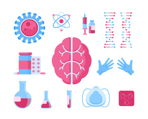 Medical supplies and viruses composition. Flat vector illustration