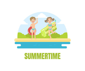 Summertime Banner Template, Boy and Girl Swimming and Having Fun on the Beach Vector Illustration