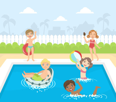 Happy Little Boys and Girls Swimming and Having Fun in a Pool Vector illustration