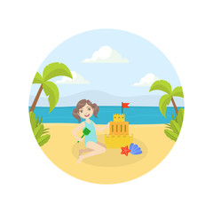 Fototapeta premium Cute Little Girl Making Sand Castle on the Beach at Summertime Vector illustration