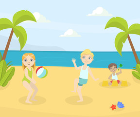 Boy and Girl Playing Ball and Having Fun on the Beach at Summertime Vector Illustration Vector illustratio