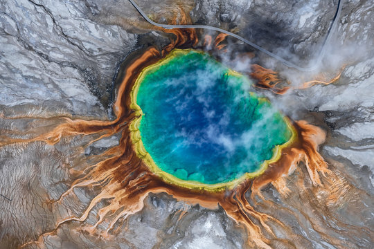 Aerial view of Grand prismatic spring in Yellowstone national park, USA