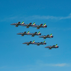 Italian aerobatic team Frecce Tricolori (Tricolor arrows) performs the show with aircrafts at Bari (ITALY) Airshow on the feast of St. Nicholas May 8, 2019