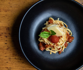 pasta with tomato sauce and basil close up 