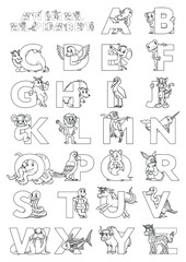 Zoo animal alphabet. Letters from A to Z. Cartoon cute animals isolated on white background. Different animals ABC. For children school education and foreign language study. Coloring book and page.
