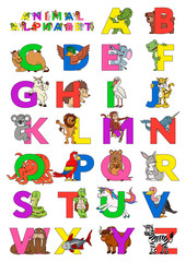 Zoo animal alphabet. Letters from A to Z. Cartoon cute animals isolated on white background. Different animals ABC. For children education and foreign language study. Alligator, bear, camel, duck etc.