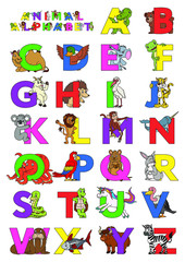 Fototapeta na wymiar Zoo animal alphabet. Letters from A to Z. Cartoon cute animals isolated on white background. Different animals ABC. For children education and foreign language study. Alligator, bear, camel, duck etc.