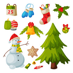 Christmas and New Year Symbols Collection, Traditional Winter Holidays Decorations Vector Illustration
