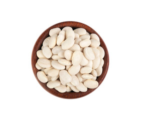 White kidney beans in wooden plate isolated on white background