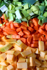 Chopped leek, carrot and squash. Top view.