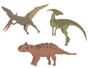 Set of different dinosaurs. Parasaurolophus, pterodactylus and talarurus in cartoon style.