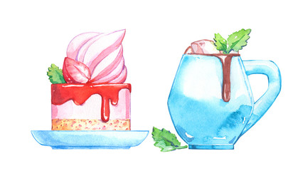 Dessert drink food cafe sweet snack cake strawberry baking whipped cream souffle watercolor isolated set