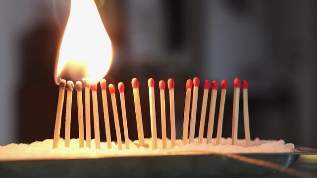 Metaphor of influence, chain reaction, domino effect. Coronavirus disease Stop. 2019&ndash;20 coronavirus pandemic. COVID-19 virus. mindfulness and self-isolation stops virus. Burning matches stop burning.