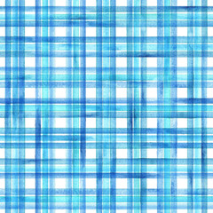 Watercolor stripe plaid seamless pattern. Blue turquoise stripes on white background