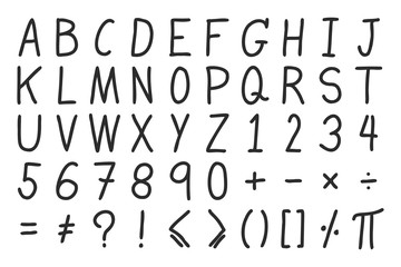 Black color hand drawing of alphabet, number letter and mathemetics symbol on white background