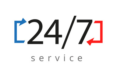 service sign is open 24 hours a day and 7 days a week on a white background. Plate, banner, isolated object. Vector illustration