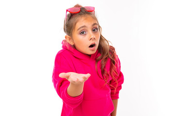 merry european fashionista girl child isolated on studio background