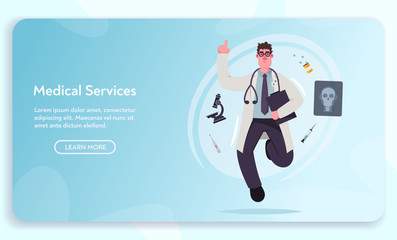 Obraz premium Medical service. Doctor character design. Scientist doing research. Cartoon vector illustration