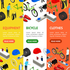 Bicycle Shop Concept Banner Vecrtical Set Isometric View. Vector