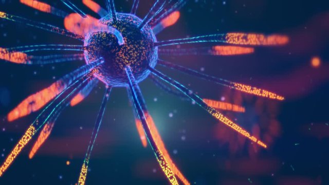 Virus with bio luminescent, glowing spikes. Not any particular virus, but could picture flu, herpes or corona virus infection. 3D animation.