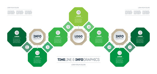 Horizontal Timeline or infographics with seven parts. Development and growth of the green business. Time line or presentation concept of eco Business with 7 options and 13 icons.