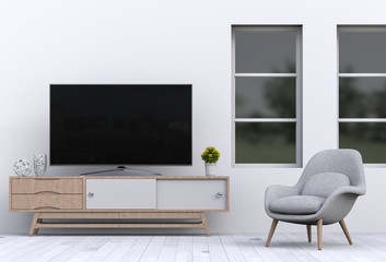 3D render of interior living room with Smart TV, cabinet, armchair.