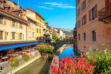 Canal du Thiou and colorful street in old town of Annecy. French Alps, France
