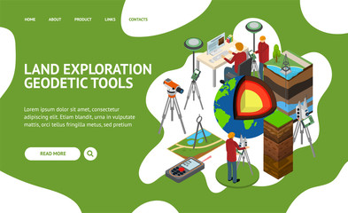 Earth Exploration Concept Landing Web Page 3d Isometric View. Vector