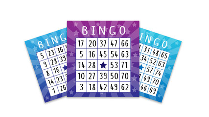 Fun bingo blue and purple tickets with shadows on the white background. Usable for banner, poster, wallpaper, website, cover, social media