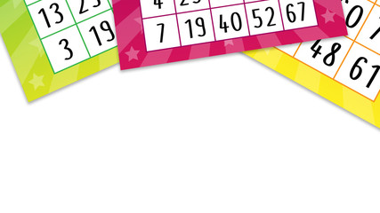 Fun simple template with pink, green and yellow bingo tickets on the white background. Usable for banner, poster, wallpaper, website, cover, social media