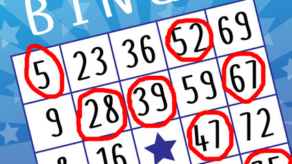 Blue bingo ticket with pointed numbers and stars. Fun lottery background for banner, poster, wallpaper, website, cover, social media