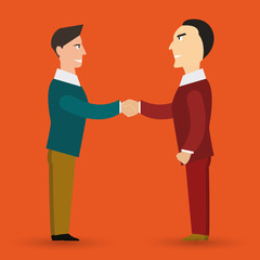 Fototapeta premium Business meeting, deal or agreement, partnership or cooperation. Flat cartoon vector illustration. Business people shake hands after negotiation, came to agreement and completed the deal with a handsh