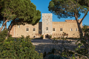 Fototapeta na wymiar Palais des rois de Majorque vue derrière les arbres