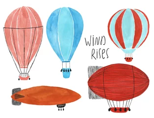 Fototapete Aquarell Luftballons Set aus Kinderluftschiffen und -flugzeugen