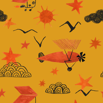 Kids Seamless Pattern With Airplanes