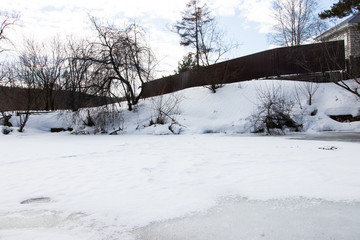 Winter rural river snowy landscape. Forest river in winter snow. Winter Forrest River Peisash