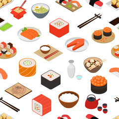 Japanese Food Concept Seamless Pattern Background 3d Isometric View. Vector